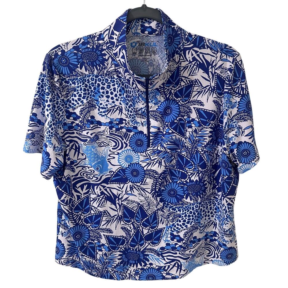 IBKUL Hi Performance Quarter Zip SS Blue White Floral Animal Print Top EUC XL